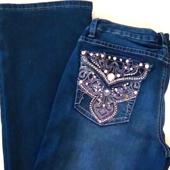 Indigo United Denim - Indigo United Rhinstone Blingy Flap Back Pocket Boot Cut Jeans